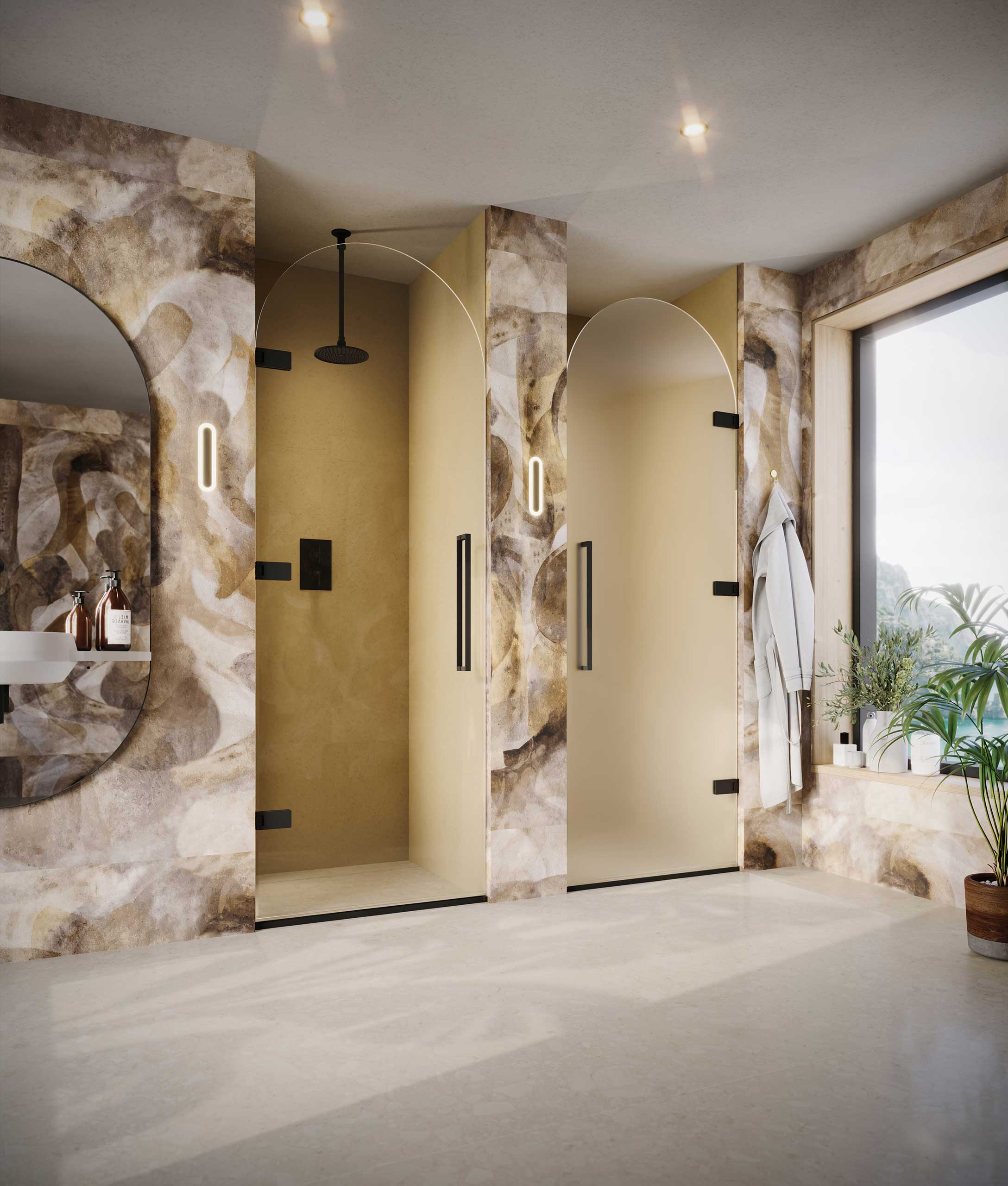 Maine hinged doors in clear and satin etched glass Maine hinged doors in clear and satin etched glass