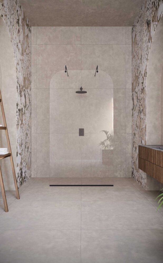 Oslo Bespoke shower screen with curved glass and black metal fittings