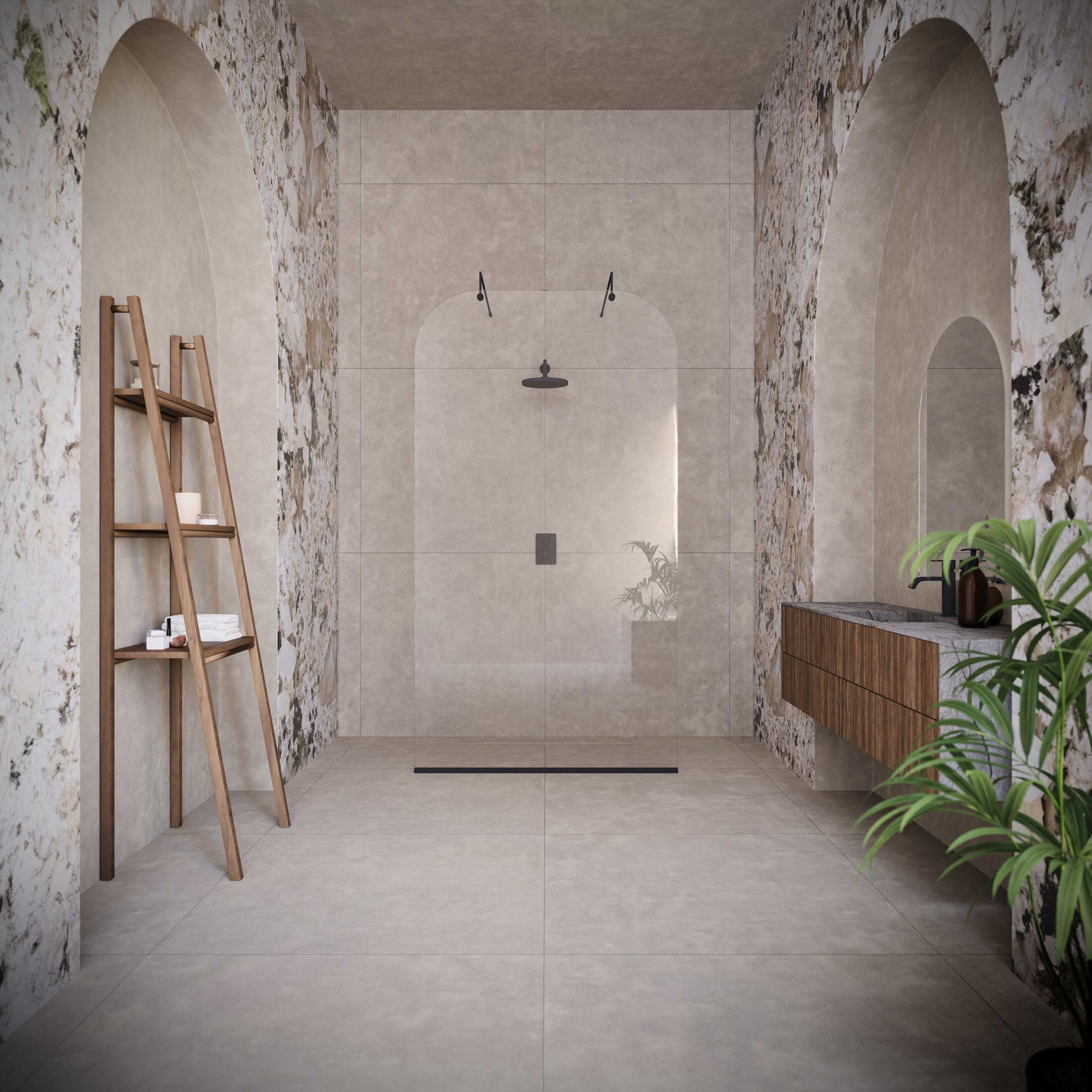 Oslo Bespoke shower screen with curved glass and black metal fittings