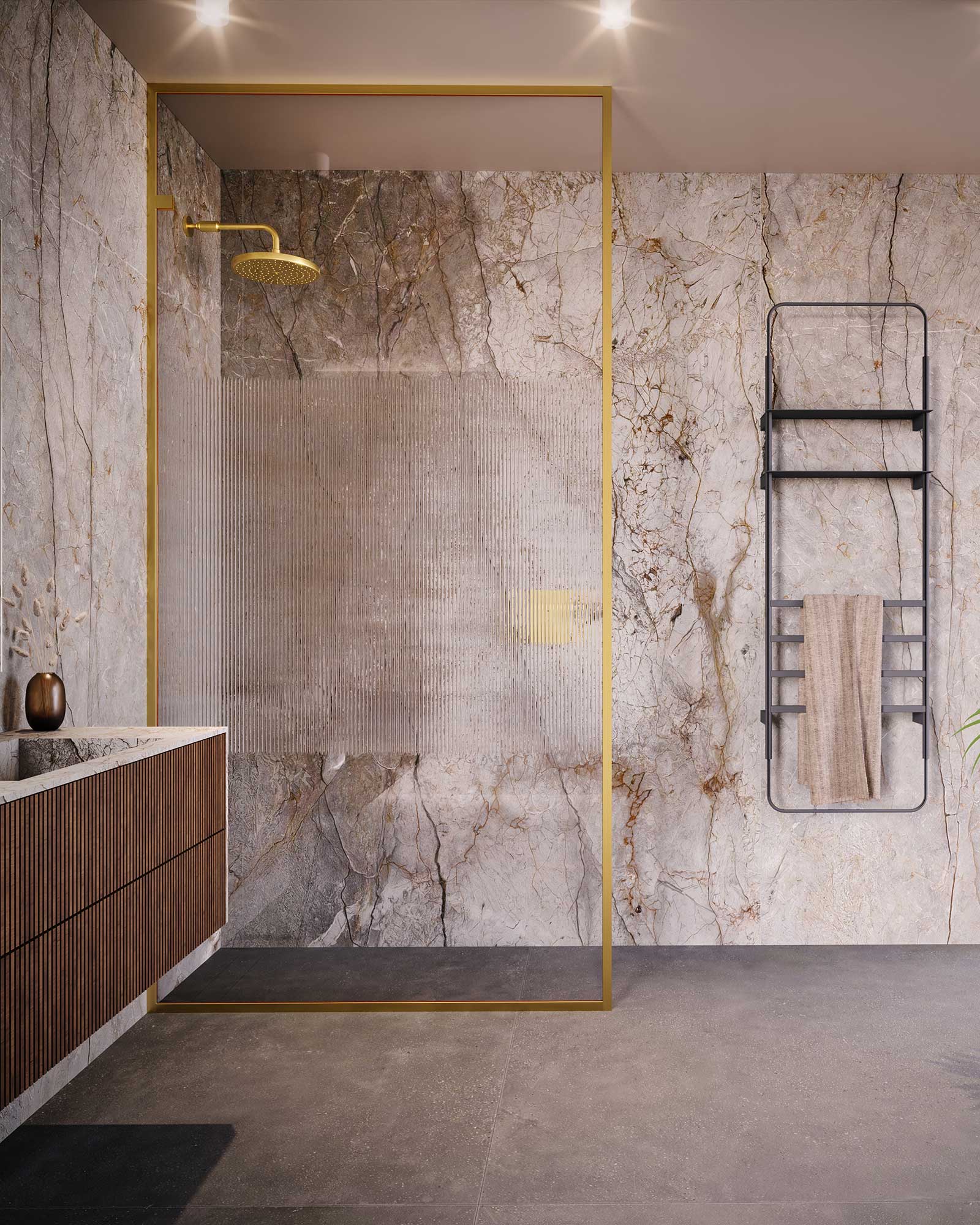Carved Art Glass on Monaco shower walk-in panel