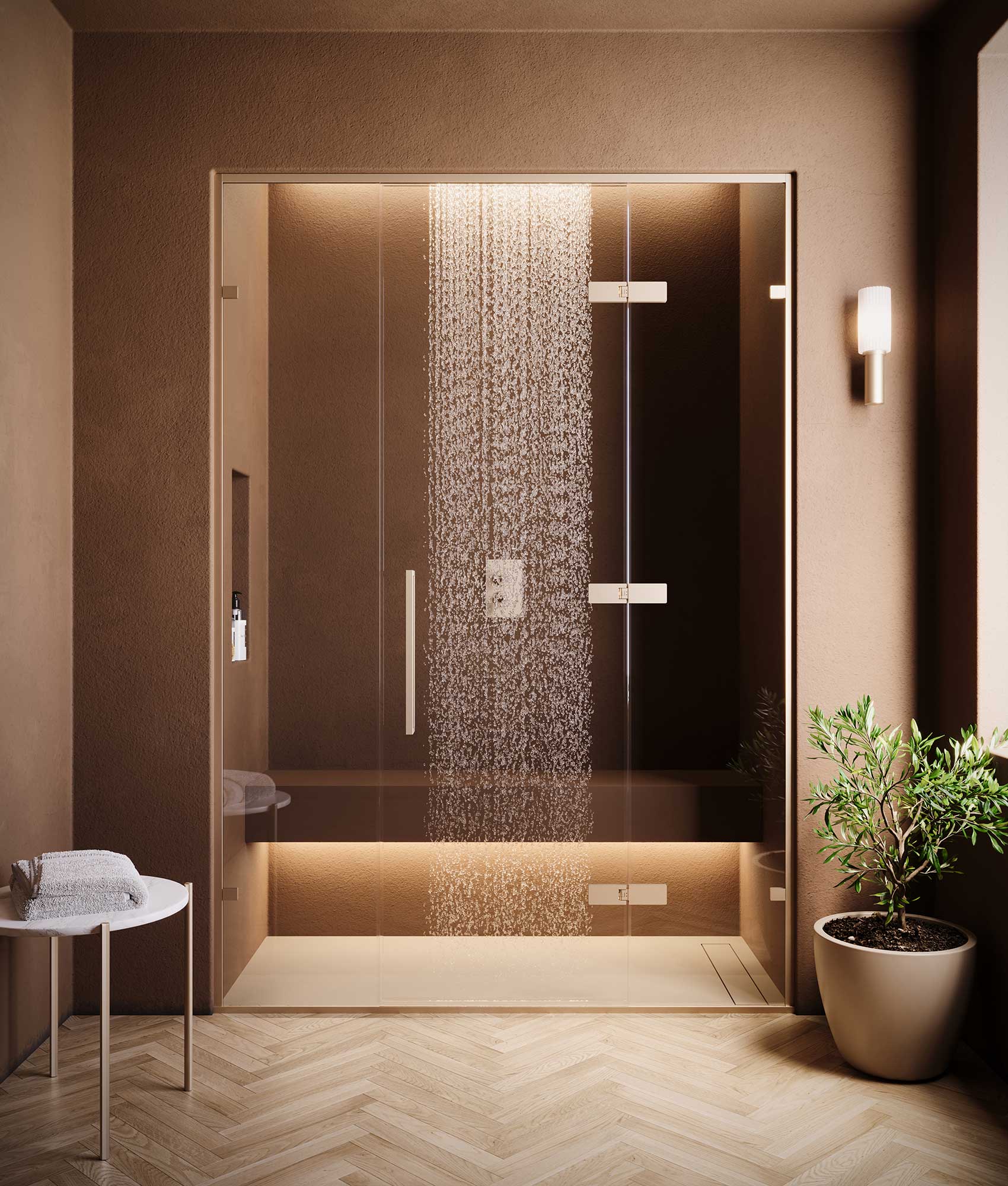 Napoli alcove shower enclosure in British Gold finish